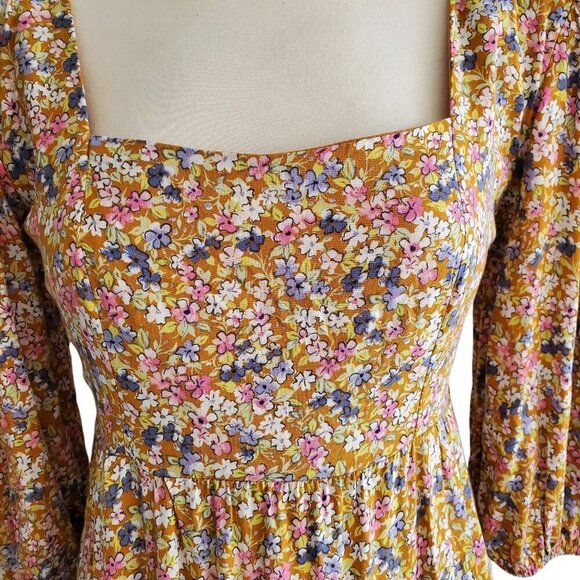SO Cabin Fever Mustard Multi Floral Midi Dress Tiered Ruffle Hem Cottagecore M - Picture 4 of 16